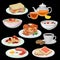 Set of breakfast icons. Sandwich, tea, coffee with cookies, pancakes with chocolate, toasts, fried egg with sausage