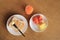 Set of breakfast, plate of toast with butter and fresh fruit and orange juice