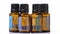 Set of Breathe, Peppermint, Eucalyptus and Siberian fir essential oils in bottle rotating on white background