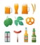 Set of brewing ingredients, beer bottle, mug and snacks