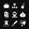 Set Briefcase and money, Mafia, Lighter, Arson home, Baseball bat with nails, Bloody, Playing cards and Thief mask icon