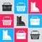 Set Briefcase, Shopping basket and Waterproof rubber boot icon. Vector