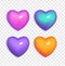 Set of bright 3d hearts blue, purple, orange and pink color on transparent background. Gradient signs of Valentineâ€™s day and lov