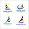 Set Bright blue travel boats sign. Design modern logos sailboat for Business.