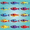 Set of Bright Cartoon Style Fishes