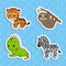 Set of bright color stickers. Brown sloth. Green iguana. Orange tiger. Happy zebra. Cute cartoon characters. Vector illustration