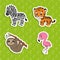 Set of bright color stickers. Brown sloth. Orange tiger. Happy zebra. Pink flamingo. Cute cartoon characters. Vector illustration