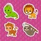 Set of bright color stickers. Orange lion. Brown monkey. Green iguana. Brown sloth. Cute cartoon characters. Vector illustration