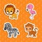 Set of bright color stickers. Orange lion. Brown monkey. Happy zebra. Pink flamingo. Cute cartoon characters. Vector illustration