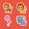 Set of bright color stickers. Orange lion. Brown monkey. Pink flamingo. Gray elephant. Cute cartoon characters. Vector