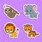 Set of bright color stickers. Orange lion. Orange tiger. Gray elephant. Brown sloth. Cute cartoon characters. Wild animals. Vector