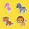 Set of bright color stickers. Orange lion. Orange tiger. Happy zebra. Pink flamingo. Cute cartoon characters. Vector illustration