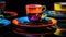 Set of Bright Colorful Dishes on Black Background. Generative ai