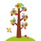 Set bright colorful owls on the branch of apple-tree with red apples on white background. Vector