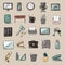 A set of bright cute icons on the topic of work, freelancing, remote work, office, study, education. Stationery, gadgets, furnitur