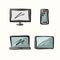 A set of bright cute icons on the topic of work, freelancing, remote work, office, study, education. Stationery, gadgets, furnitur