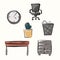 A set of bright cute icons on the topic of work, freelancing, remote work, office, study, education. Stationery, gadgets, furnitur