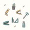 A set of bright cute icons on the topic of work, freelancing, remote work, office, study, education. Stationery, gadgets, furnitur