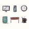 A set of bright cute icons on the topic of work, freelancing, remote work, office, study, education. Stationery, gadgets, furnitur