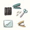 A set of bright cute icons on the topic of work, freelancing, remote work, office, study, education. Stationery, gadgets, furnitur