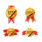 Set of bright golden badges with red tape, glossy best seller icons on white