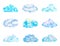 Set of Bright Light Blue Watercolor Clouds, Isolated on White