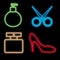 Set of bright neon beauty items on a black background. perfume, scissors, men`s perfume, stylish shoe. flatlay. beautiful