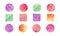 Set of bright red, orange, yellow, green, pink, purple circles and rectangles fill with watercolor effect on a white background.