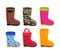 Set of bright rubber boots icons for men, women and children. military princess, child`s drawing, yellow boots