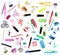 Set of bright school stationery on background