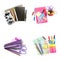 Set of bright school stationery on white background, top view