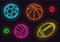 Set of bright shining neon icons of tennis volleyball rugby american football basketball baseball balls icons