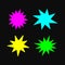 Set of bright starbursts on dark background. Collection of color flat explosions.