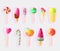 Set of bright vector candies, Ice creams Set of colorful lollipops and Ice-cream, cartoon illustration. Round and heart