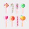 Set of bright vector candies. Set of colorful lollipops, cartoon illustration. Round and heart lollipop, caramelized