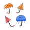 Set of bright vector cartoon stickers, cute kawaii open, closed umbrellas. Rainy weather.