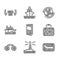 Set Brochure, Lighthouse, Sunbed and umbrella, Suitcase, Binoculars, Cruise ship, Worldwide and Poker table icon. Vector