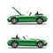 Set of broken cartoon green cabriolet sport car before and after crash isolated on white