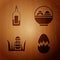 Set Broken egg, Bottle of wine, Easter egg and Basket with easter eggs on wooden background. Vector