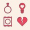 Set Broken heart or divorce, Diamond engagement ring, Heart shape in a light bulb and Condom in package icon. Vector