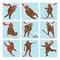 Set of brown bear plays winter sport.Icons