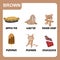 Set of brown color objects. Primary colours flashcard with brown elements