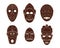 Set of brown flat tribal African masks on white background