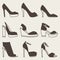 Set of brown shoes silhouettes on gray background