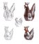 Set of brown and silver wooden chickens, white background