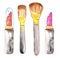 Set of brushes for makeup and different lipsticks, watercolor illustration for prints, posters, magazines, design