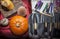 Set of brushes for makeup with halloween objects