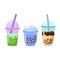 Set of bubble tea cup. Cartoon glasses of milk shakes. Asian food collection.