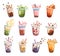 Set Of Bubble Tea Isolated On White Background. Tapioca Pearl Milk Tea, Boba Or Coffee Yummy Beverages In Cups