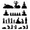 set of Buddha monk and Buddhism activities with black silhouette